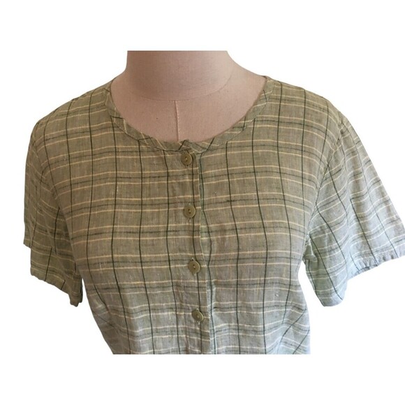 Flax Top Women's Size XS Green Plaid Line Short Sleeve Button Up Linen NEW - Picture 3 of 6